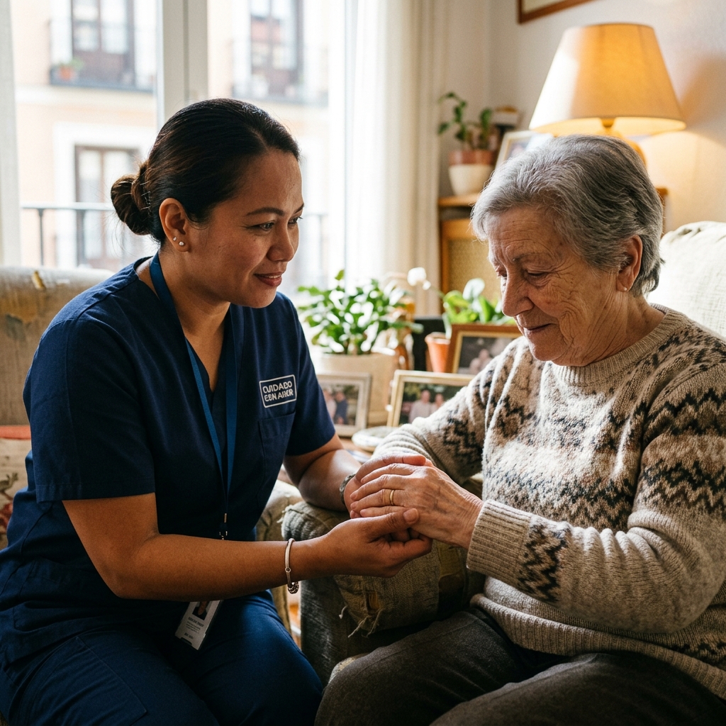 Cuidadora filipina interactuando con anciana